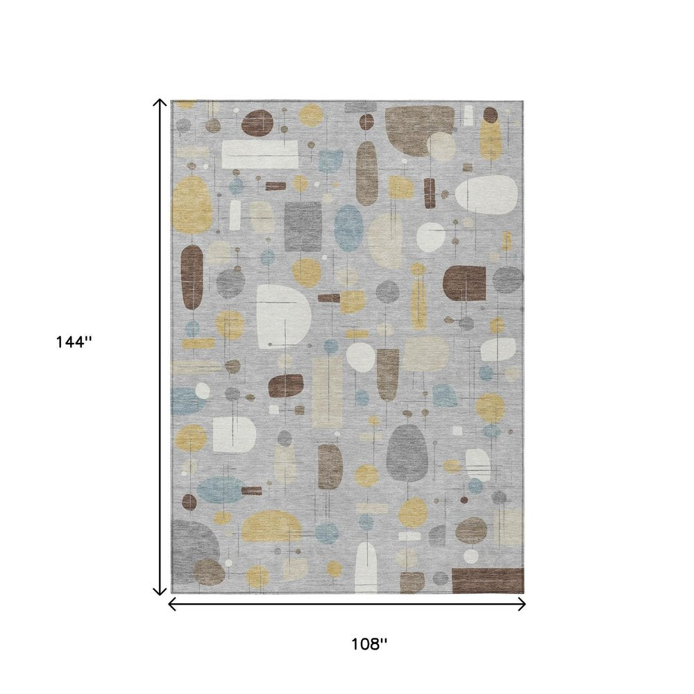 9' X 12' Silver Ivory And Brown Geometric Washable Indoor Outdoor Area Rug