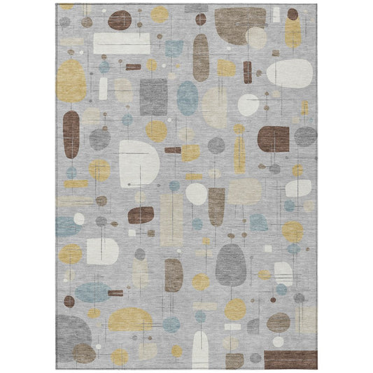 9' X 12' Silver Ivory And Brown Geometric Washable Indoor Outdoor Area Rug