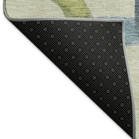 10' X 14' Artichoke Green Purple And Khaki Abstract Washable Indoor Outdoor Area Rug