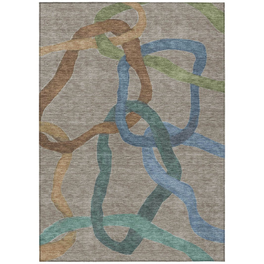 9' X 12' Taupe Blue And Copper Abstract Washable Indoor Outdoor Area Rug
