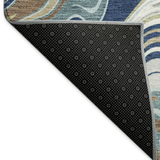 9' X 12' Navy Blue Ivory And Gold Abstract Washable Indoor Outdoor Area Rug