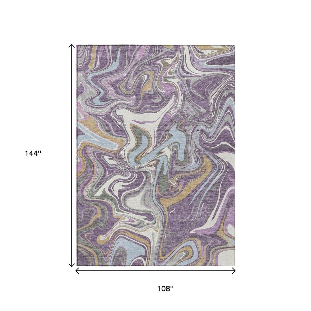 9' X 12' Purple Ivory And Gold Abstract Washable Indoor Outdoor Area Rug