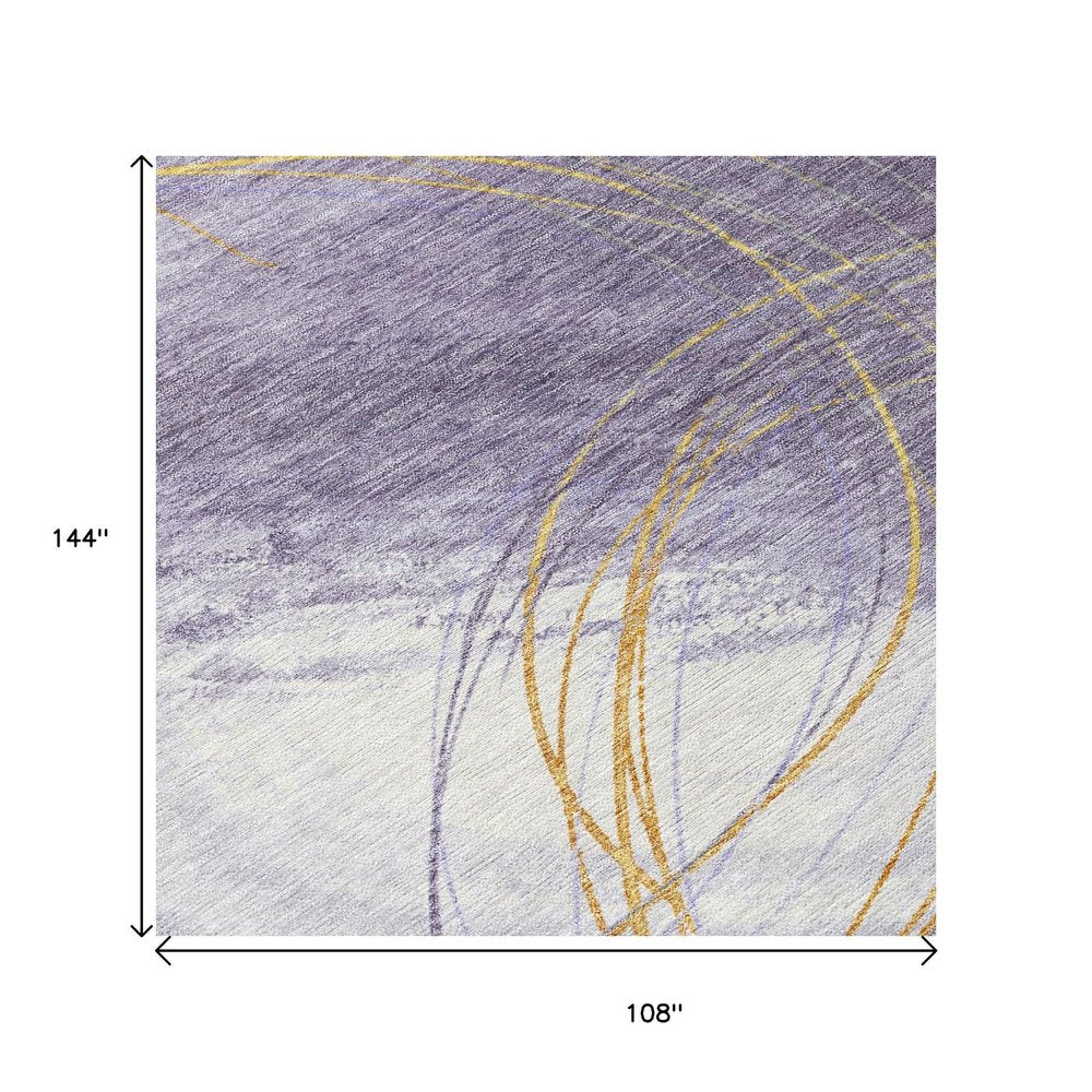 9' X 12' Purple Gold And Ivory Abstract Washable Indoor Outdoor Area Rug