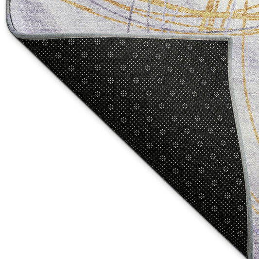 9' X 12' Purple Gold And Ivory Abstract Washable Indoor Outdoor Area Rug