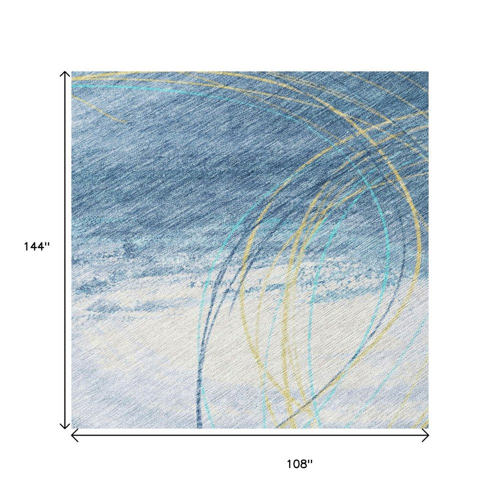 9' X 12' Sky Blue Gold And Ivory Abstract Washable Indoor Outdoor Area Rug