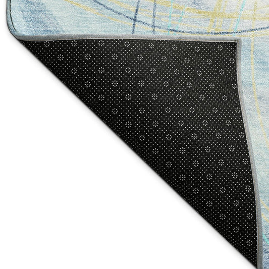 10' X 14' Sky Blue Gold And Ivory Abstract Washable Indoor Outdoor Area Rug