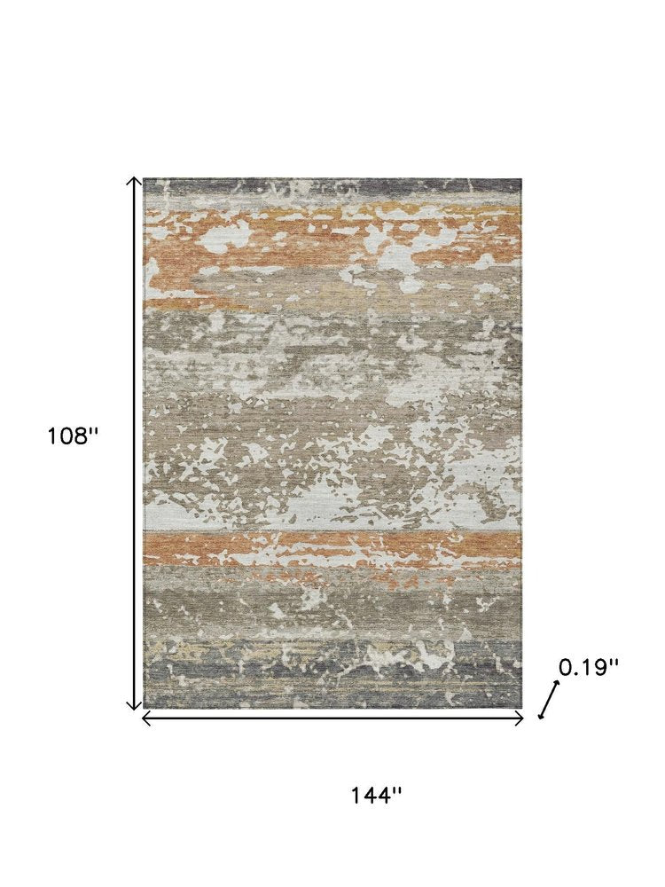 9' X 12' Taupe Copper And Ivory Striped Washable Indoor Outdoor Area Rug
