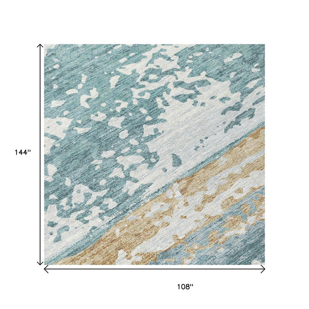 9' X 12' Teal Blue Ivory And Khaki Striped Washable Indoor Outdoor Area Rug