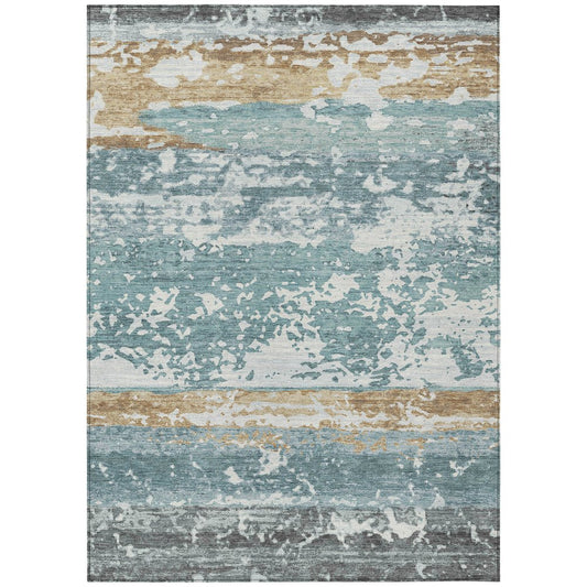 9' X 12' Teal Blue Ivory And Khaki Striped Washable Indoor Outdoor Area Rug