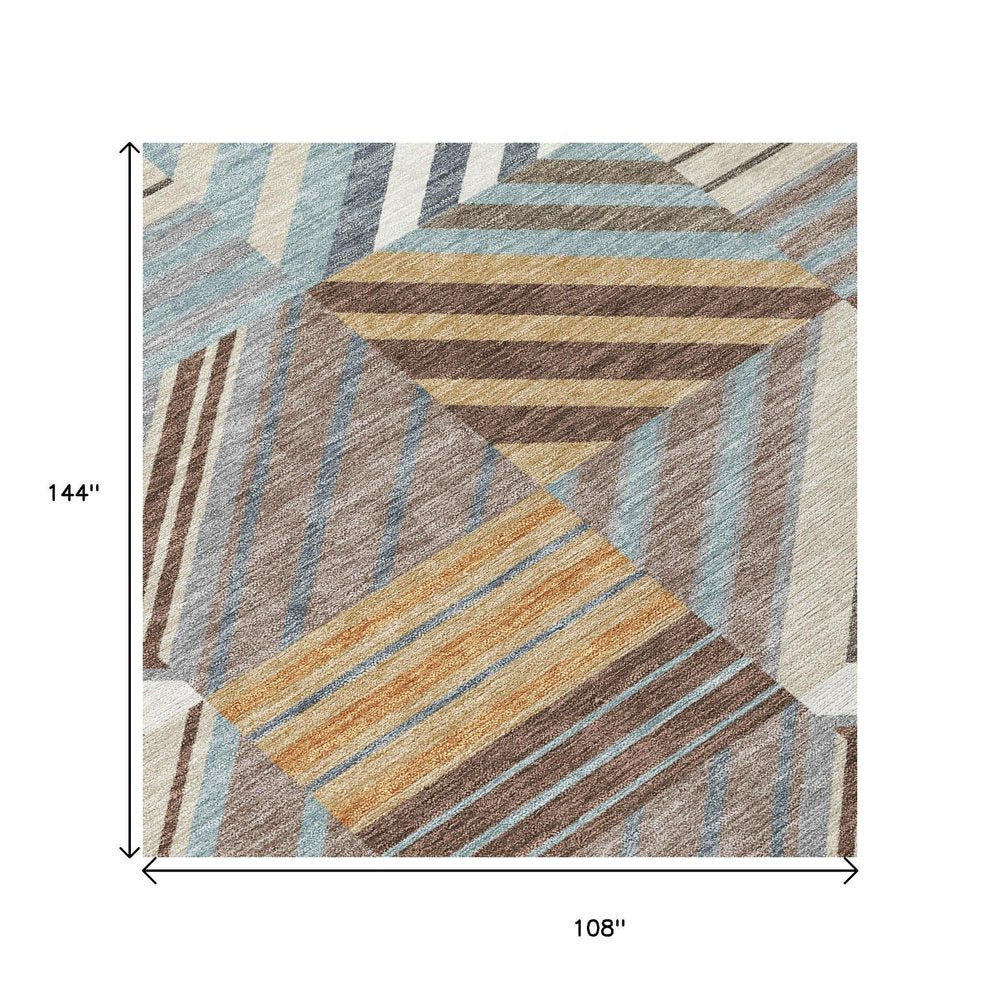 9' X 12' Taupe Brown And Blue Patchwork Washable Indoor Outdoor Area Rug