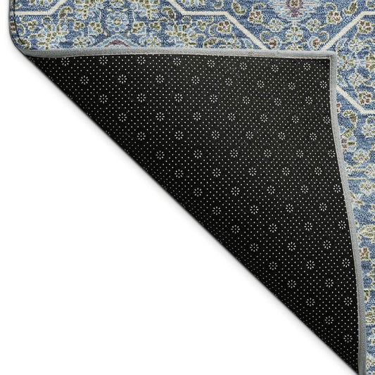 10' X 14' Navy Blue Ivory And Plum Oriental Washable Indoor Outdoor Area Rug