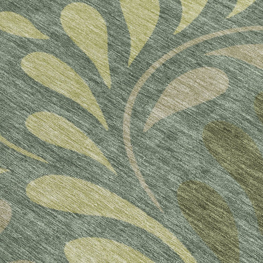 10' X 14' Artichoke Green And Sage Botanical Leaves Washable Indoor Outdoor Area Rug