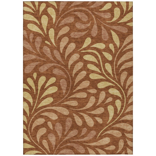 9' X 12' Rust Copper And Gold Botanical Leaves Washable Indoor Outdoor Area Rug