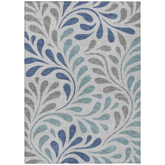 9' X 12' Silver Blue And Gray Botanical Leaves Washable Indoor Outdoor Area Rug