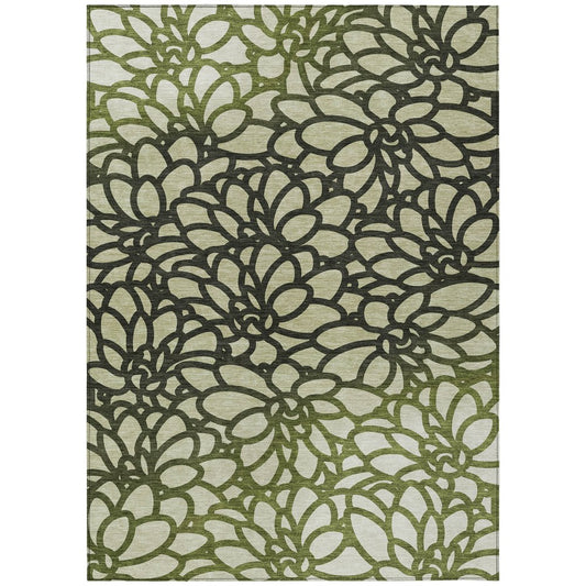 10' X 14' Artichoke Green Black And Ivory Botanical Leaves Washable Indoor Outdoor Area Rug