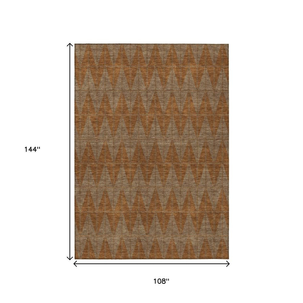 9' X 12' Rust And Beige Geometric Washable Indoor Outdoor Area Rug