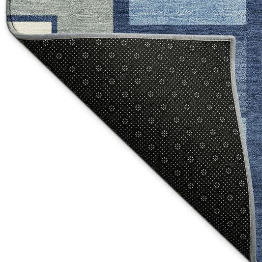 9' X 12' Navy Blue Gray And Charcoal Geometric Washable Indoor Outdoor Area Rug