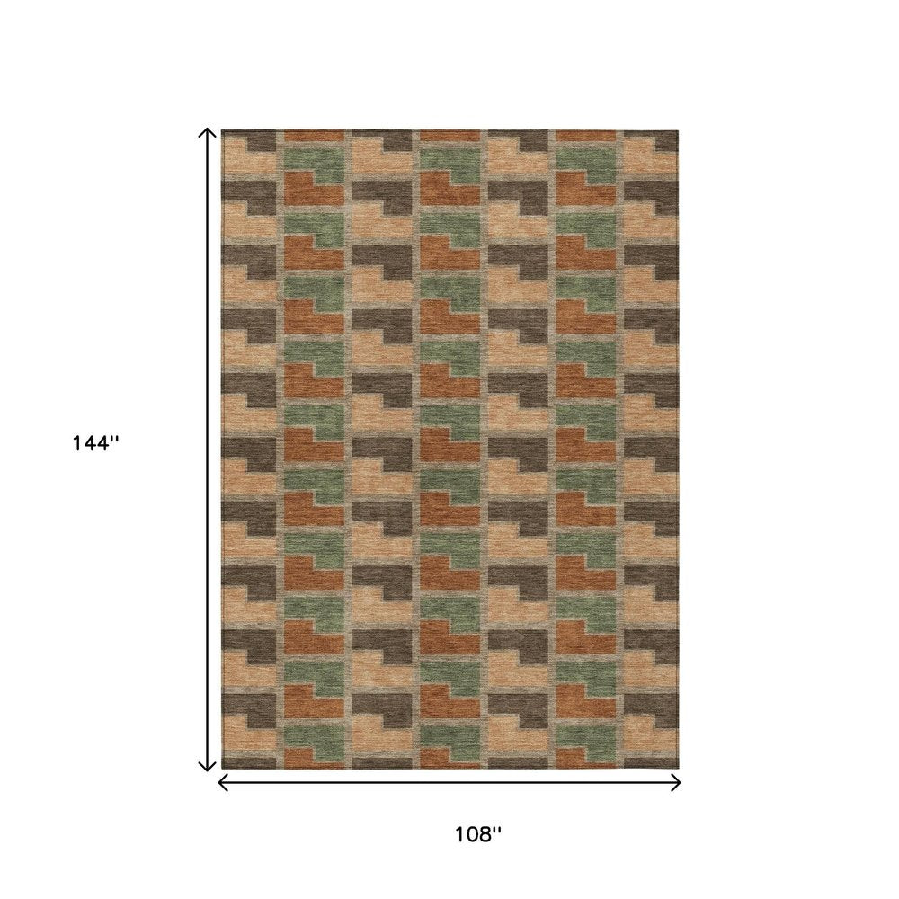9' X 12' Rust Olive Green And Brown Geometric Washable Indoor Outdoor Area Rug