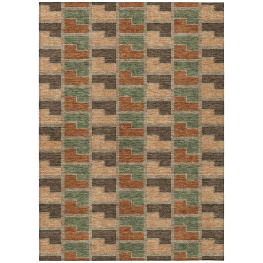9' X 12' Rust Olive Green And Brown Geometric Washable Indoor Outdoor Area Rug