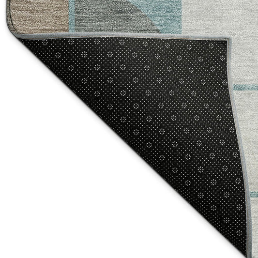 9' X 12' Teal Blue Brown And Silver Geometric Washable Indoor Outdoor Area Rug