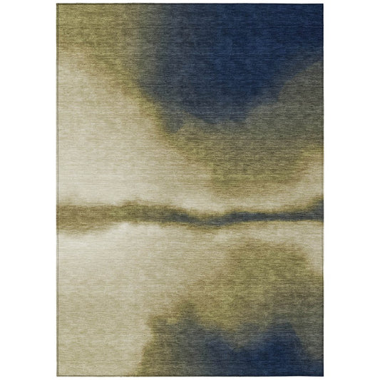 9' X 12' Wheat Blue And Beige Abstract Washable Indoor Outdoor Area Rug