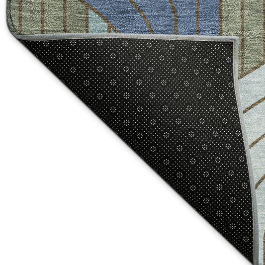 9' X 12' Navy Blue Sky Blue And Artichoke Green Striped Washable Indoor Outdoor Area Rug