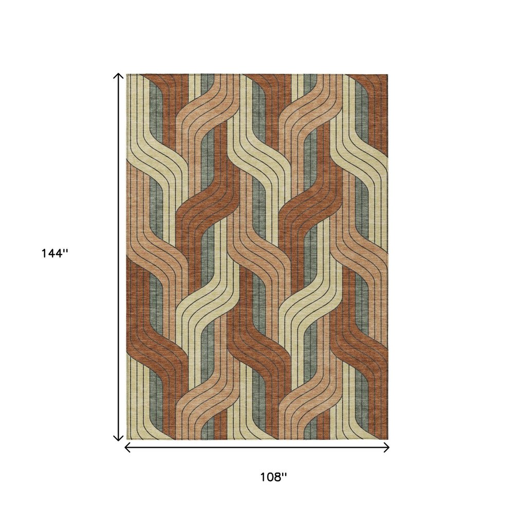 9' X 12' Rust Orange And Wheat Striped Washable Indoor Outdoor Area Rug