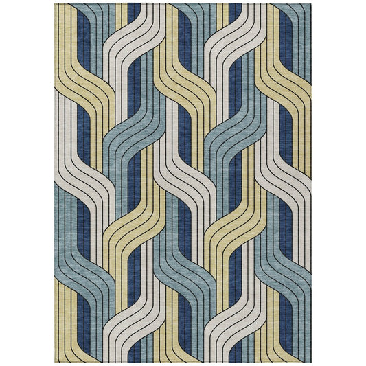 9' X 12' Teal Blue Wheat And Ivory Striped Washable Indoor Outdoor Area Rug