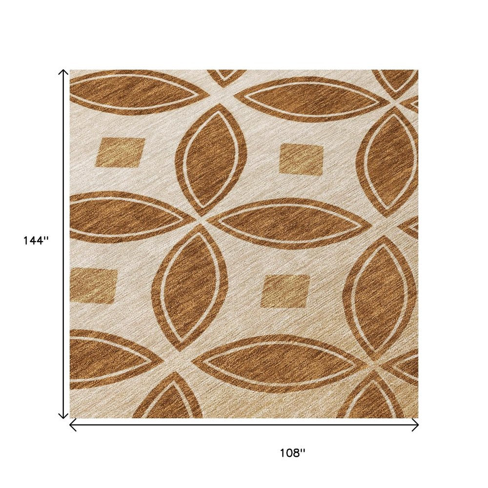 9' X 12' Rust And Beige Geometric Washable Indoor Outdoor Area Rug