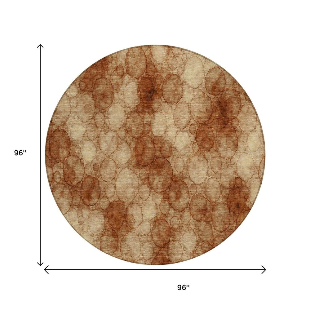 8' Rust And Orange Round Abstract Washable Indoor Outdoor Area Rug
