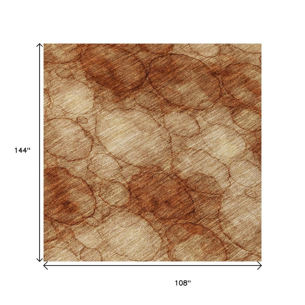 9' X 12' Rust And Orange Abstract Washable Indoor Outdoor Area Rug