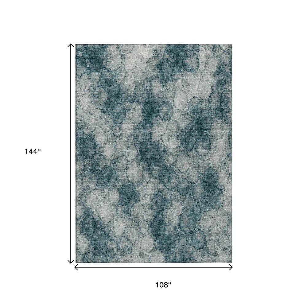 9' X 12' Turquoise And Ivory Abstract Washable Indoor Outdoor Area Rug