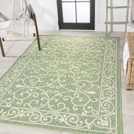 9' X 12' Green And Ivory Medallion Indoor Outdoor Area Rug