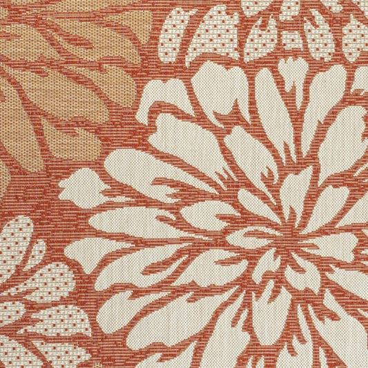 9' X 12' Orange And Cream Floral Indoor Outdoor Area Rug
