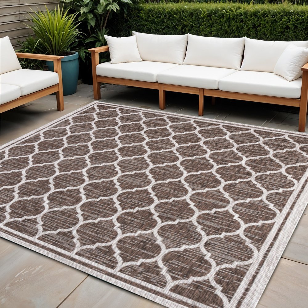 3' Espresso And Taupe Square Geometric Indoor Outdoor Area Rug