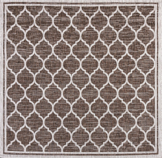3' Espresso And Taupe Square Geometric Indoor Outdoor Area Rug