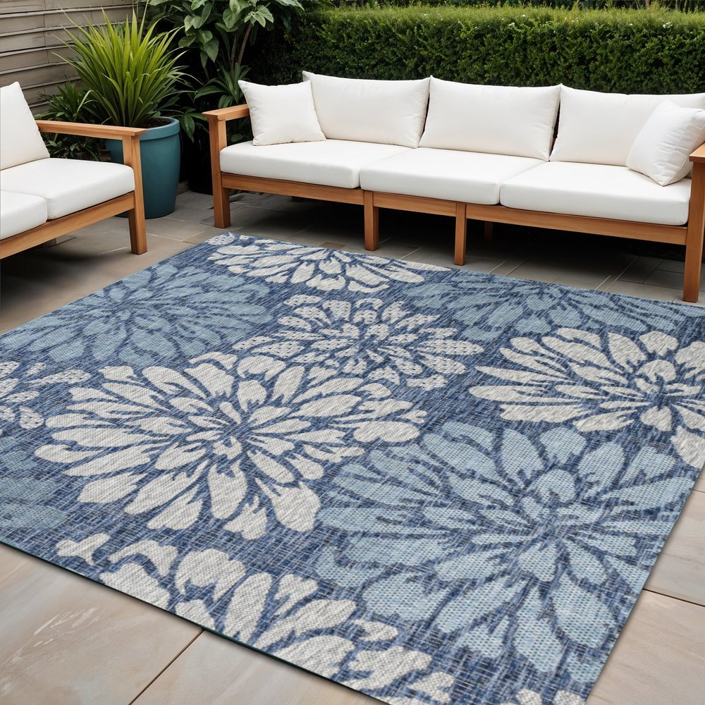 3' Navy Blue And Aqua Square Floral Indoor Outdoor Area Rug