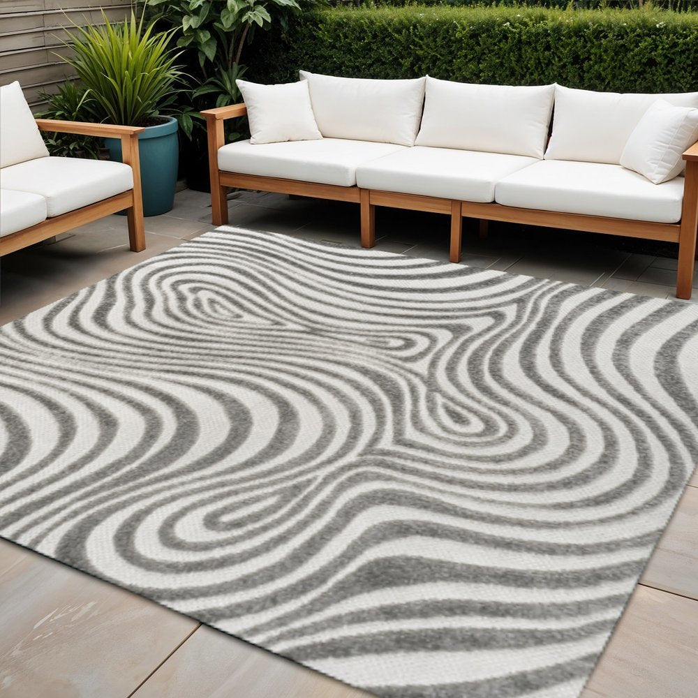9' Gray And Ivory Square Abstract Indoor Outdoor Area Rug