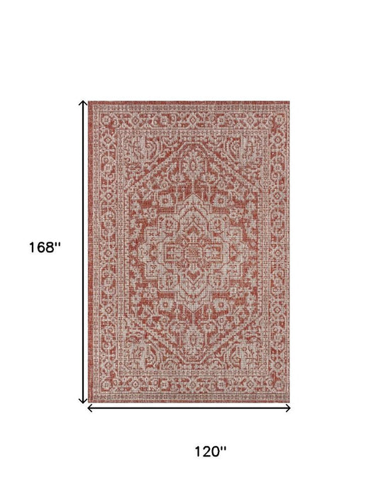 10' X 14' Red And Taupe Medallion Indoor Outdoor Area Rug