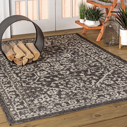 9' X 12' Black And Gray Medallion Indoor Outdoor Area Rug