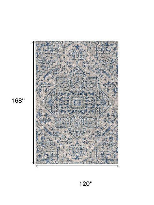 10' X 14' Navy Blue And Gray Medallion Indoor Outdoor Area Rug
