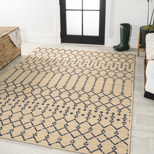 10' X 14' Beige And Navy Blue Trellis Indoor Outdoor Area Rug