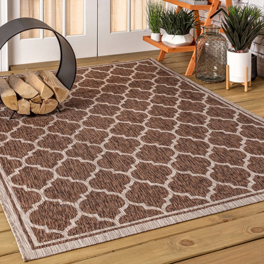 10' X 14' Espresso And Taupe Geometric Indoor Outdoor Area Rug