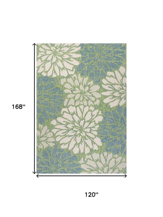 10' X 14' Cream And Green Floral Indoor Outdoor Area Rug