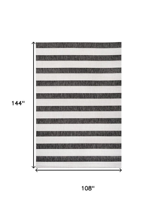 9' X 12' Black And Cream Striped Indoor Outdoor Area Rug