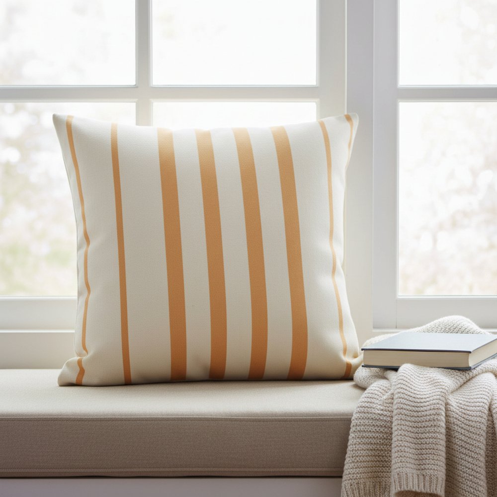 20" Yellow And White Striped Recycled Poly Linen Throw Pillow Cover