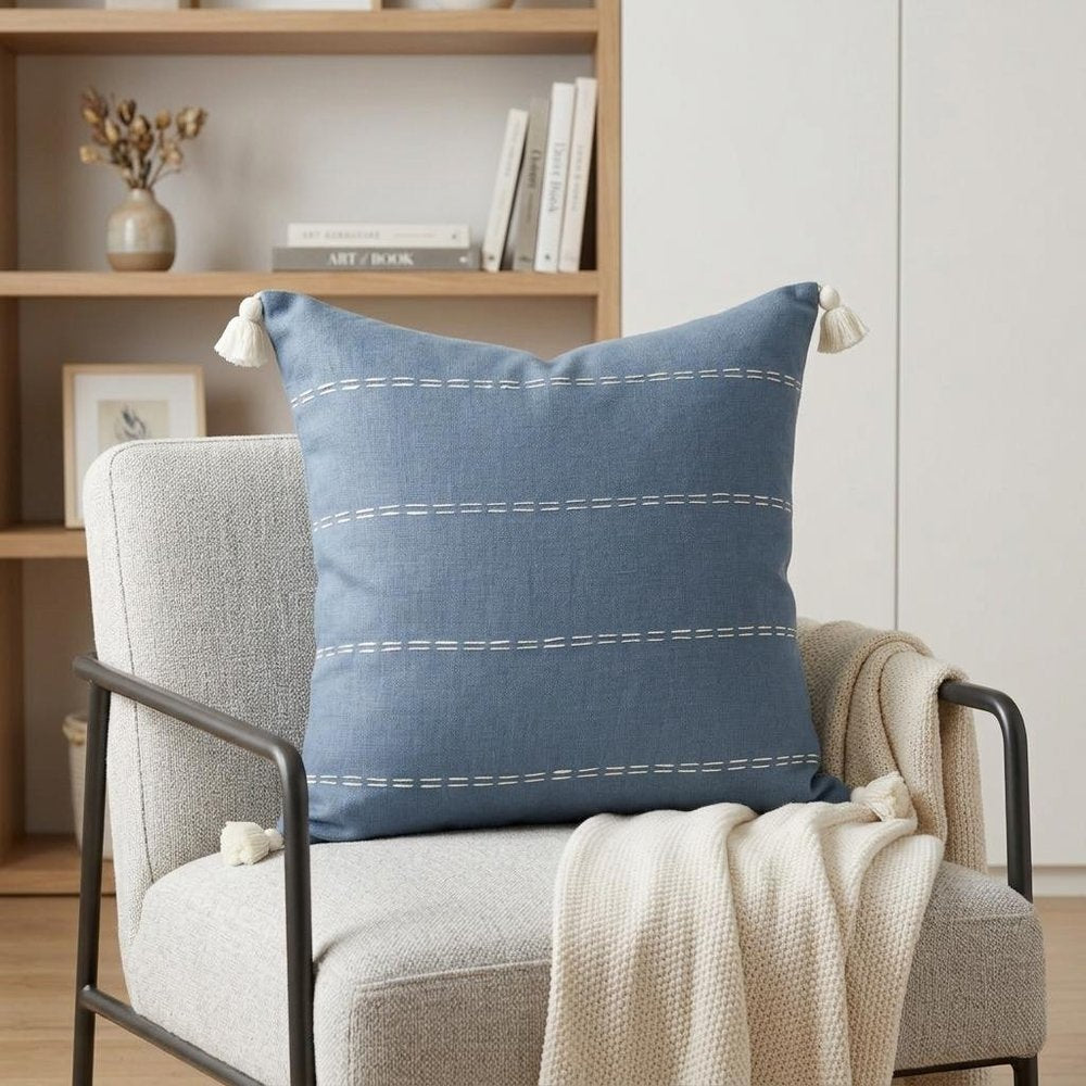 20" Navy Blue And Ivory Striped Linen Throw Pillow Cover