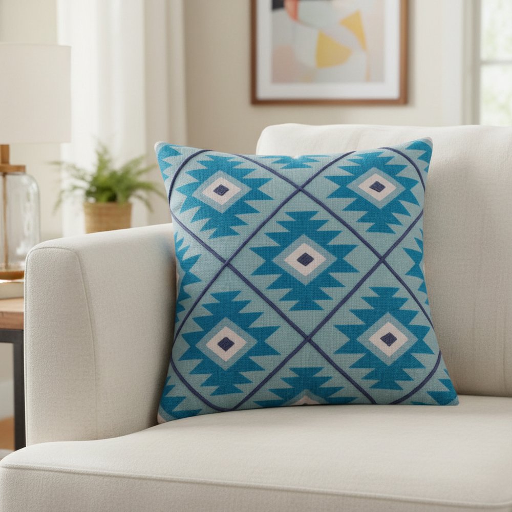 18" Blue And White Geometric Cotton Throw Pillow Cover