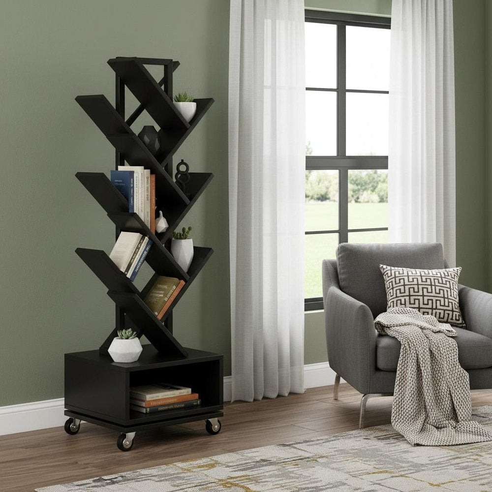 48" Black Wood Sixteen Tier Etagere Bookcase