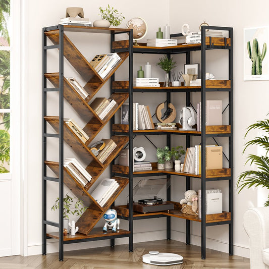 69" Brown And Black Wood And Metal Ten Tier Corner Bookcase